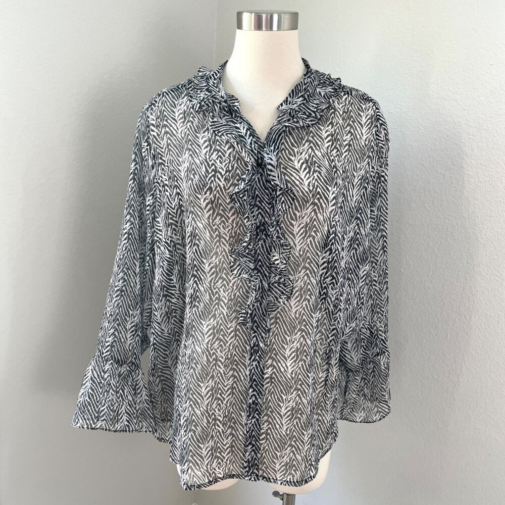 Susan Graver‎ Womens Plus 1X Zebra Print Blouse Sheer Long Sleeve Ruffled Top